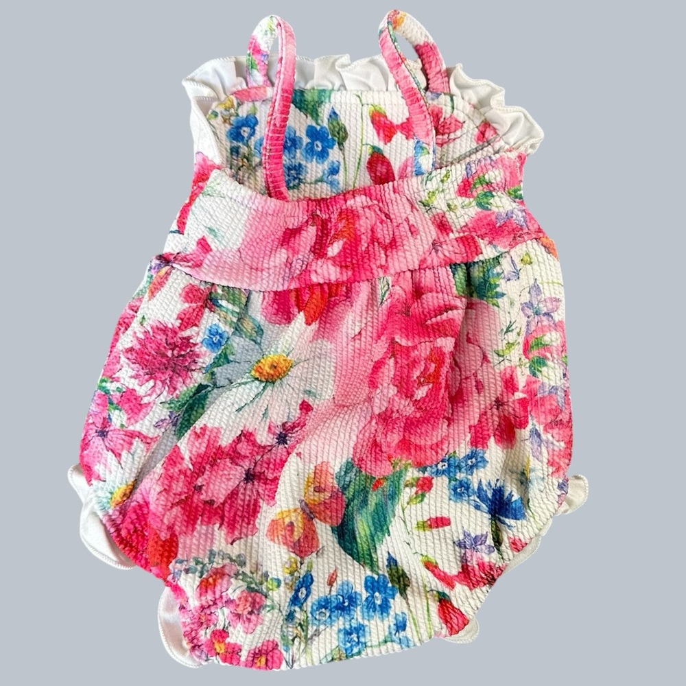 Floral Pink Baby Bubble Romper With Ruffle - Picture 4 of 5